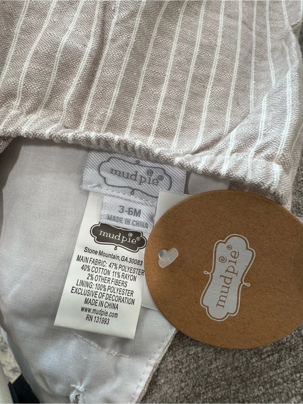 NWT Mud Pie Infant Tan Striped Bubble Romper Overalls, Size 3-6 Months